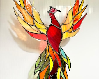 Atrapasol de fénix de vitral: decoración de ventana hecha a mano con forma de pájaro de fuego