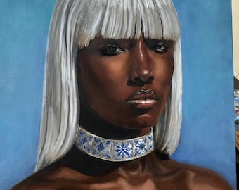 Ritratto di donna, dipinto ad olio, arte portoghese Azulejo, motivo a piastrelle blu e bianche, ritratto femminile originale, opera d'arte di ispirazione portoghese