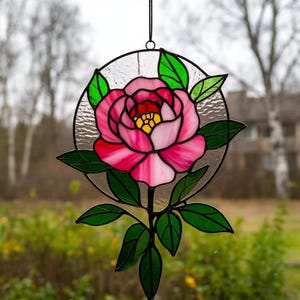 Stained Glass Peony Suncatcher: Handmade Floral Window Hanging