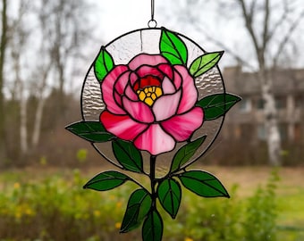 ステンドグラス　ピンク鳥とお花モチーフのサンキャッチャー ステンドグラスの牡丹サンキャッチャー：手作りの花飾り窓飾り - Etsy 日本