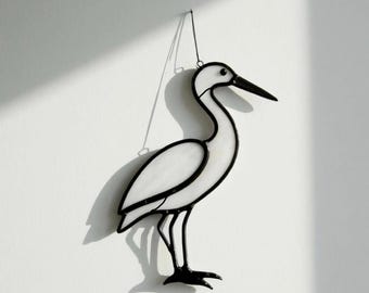 Handmade Stained Glass white Heron Suncatcher: Colorful Bird Window Decor
