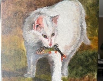 Dipinto originale ad olio di un gatto, opera d'arte con gatto e pesce, divertente quadro da parete con gatto, dipinto di animale fatto a mano, regalo unico per gli amanti degli animali