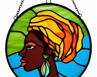 Handcrafted Stained Glass Portrait: Afrocentric Woman Window Hanging