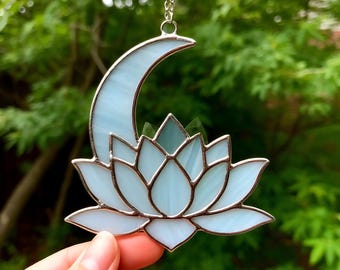 Stained Glass Lotus Suncatcher: Sacred Moon Window Hanging