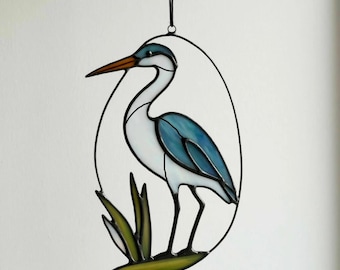 Handmade Stained Glass white Heron Suncatcher: Colorful Bird Window Decor
