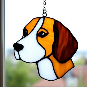 Stained Glass Beagle Dog Handmade Sun Catcher Pet memory Decor Adorable Hound Gift for Dog Lovers Custom brown Dog Portrait Window Hanging
