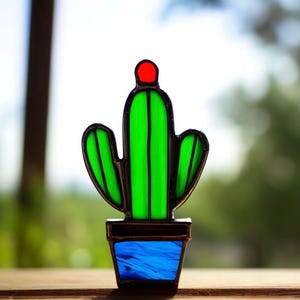 Handcrafted Stained Glass Cactus Suncatcher: Green Window Decor