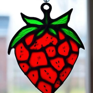Stained Glass red Strawberry Suncatcher Handmade Fruit Decor Unique Kitchen Decoration Summer Window Art Gift nature Garden and Berry Lovers