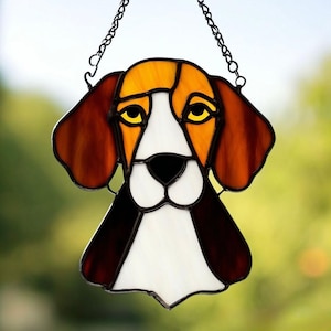 Stained Glass Beagle Dog Handmade Sun Catcher Pet memory Decor Adorable Hound Gift for Dog Lovers Custom brown Dog Portrait Window Hanging