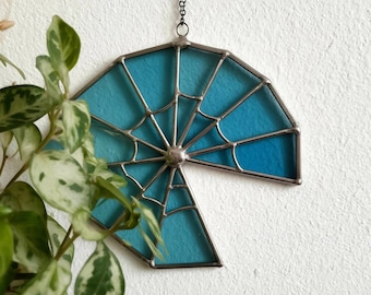 Handcrafted Stained Glass Spider Web corner Suncatcher: Halloween Window Decor