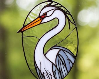 Stained Glass Heron Suncatcher: Handmade Bird Window Hanging
