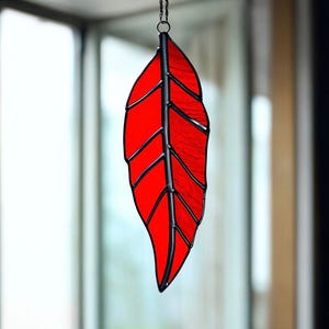 Stained Glass Feather Suncatcher: Red Boho Window Decor