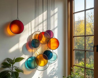 Modern Stained Glass Mobile – Art Deco Style Colorful Suncatcher, Contemporary Window Decor