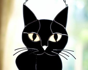 黒いステンドグラスの猫のサンキャッチャー：手作りのホーム