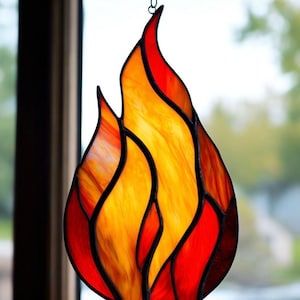 Handmade Stained Glass Fire Colorful Flame Suncatcher Vibrant Home Decor Unique Window Hanging, Modern Glass Art Perfect Gift for Fire lover