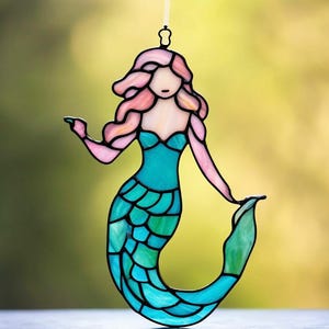 Stained Glass Mermaid, Handmade Mermaid Art, Ocean-Inspired Decor, Coastal Window Decor Beach House Accent Unique Stained Glass Mermaid Wall