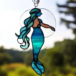 Stunning Stained Glass Mermaid with Flowing Tail and Ocean-Inspired Colors suncatcher Handcrafted Art for Nautical Home Decor or Unique Gift