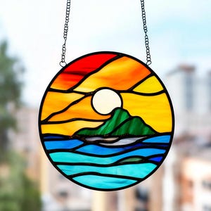 Stained Glass Island Panel memory holiday Tropical Ocean Landscape Wall hanging Decor Sun and Palm Tree Suncatcher kitchen Beach Window Art