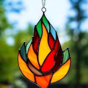 Handcrafted Stained Glass Flame Fiery Art Glass Suncatcher Passionate Souls Symbol of Energy Transformation Inner Light Unique Fire Decor