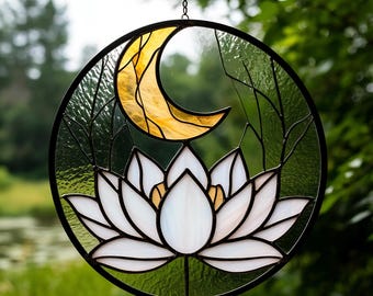 Stained Glass White Lotus Suncatcher: Moon Accent, Spiritual Window Hanging