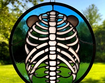 Stained Glass Ribcage Skeleton – Gothic Anatomical Art, Handmade Halloween Decor, Unique Anatomy Gift