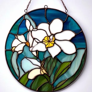 Attrape-soleil orchidée blanche en vitrail fait main : décoration florale à suspendre