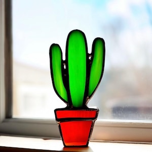 Stained Glass Cactus Suncatcher: Handcrafted Window Decor