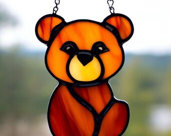 Vitral hecho a mano con forma de oso grizzly: decoración rústica de cabaña