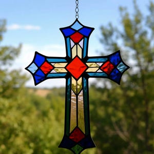 Stained Glass Geometric Cross – Modern Colorful Window Hanging, Abstract Religious Decor, Handmade Glass Art