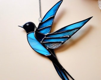 Handmade Stained Glass Swallow Suncatcher: Blue Bird Window Art