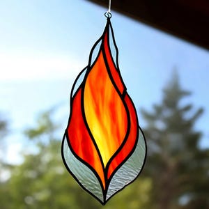 Handmade Stained Glass Fire Colorful Flame Suncatcher Vibrant Home Decor Unique Window Hanging, Modern Glass Art Perfect Gift for Fire lover