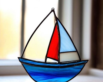 手作りステンドグラスの帆船サンキャッチャー：航海風の窓飾り - Etsy 日本