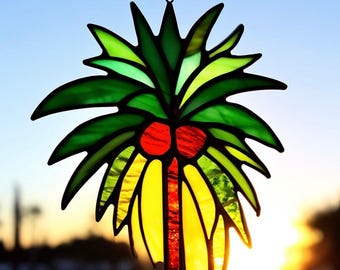 Stained Glass Palm Tree Suncatcher: Handmade Tropical Window Decor