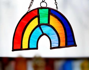 Stained Glass Rainbow Suncatcher: Handcrafted Window Garden Decor