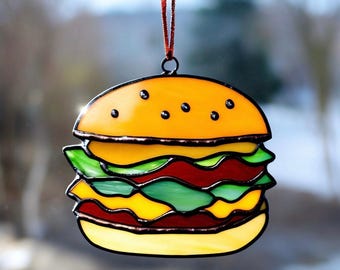 ステンドグラスのバーガーサンキャッチャー：手作りのグルメダイナーの
