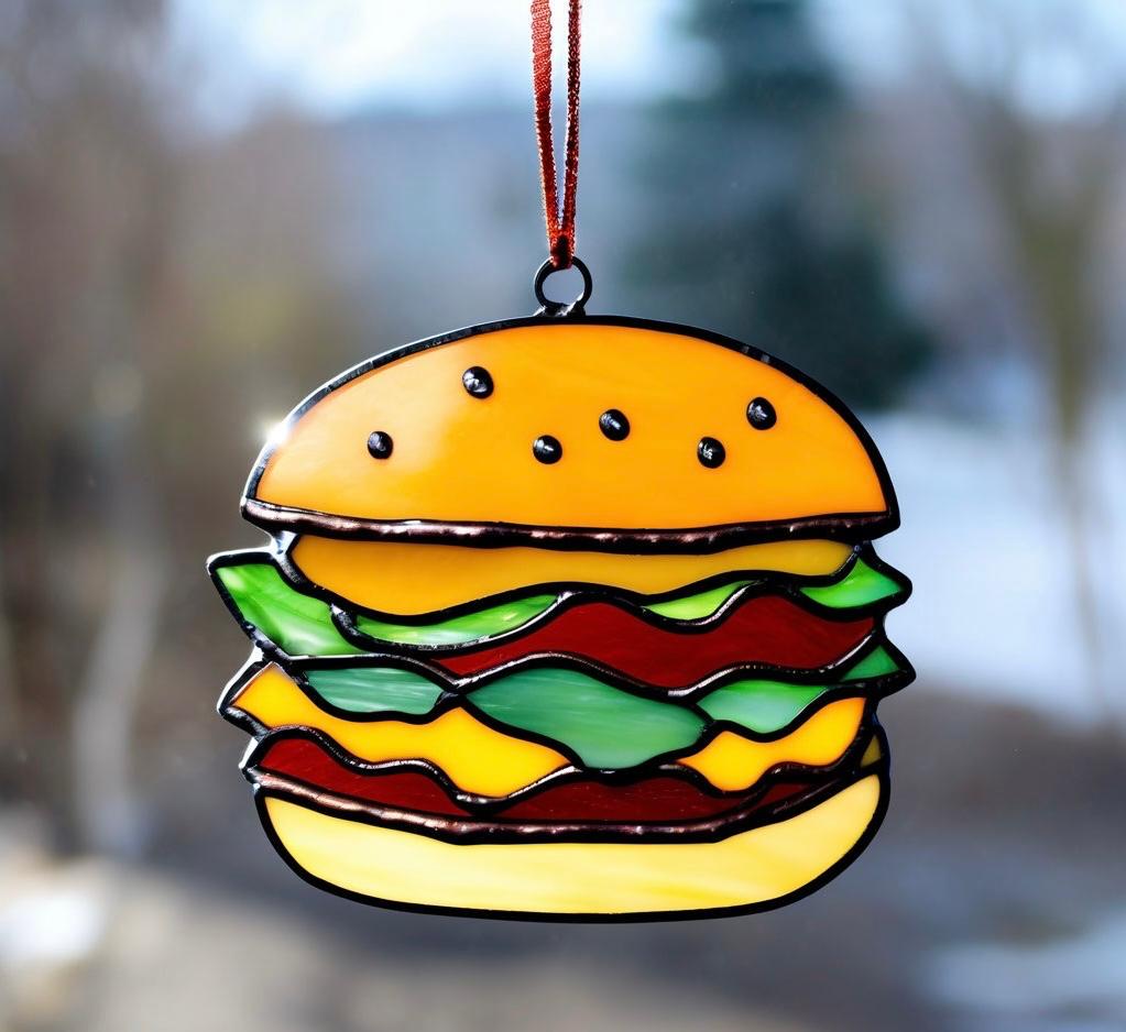 ステンドグラスのバーガーサンキャッチャー：手作りのグルメダイナーの