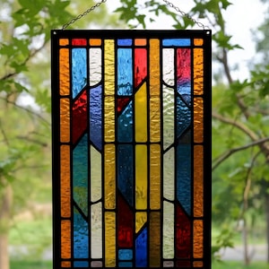 Stained Glass Striped Panel – Colorful Rectangle Window Hanging, Modern Geometric Home Decor