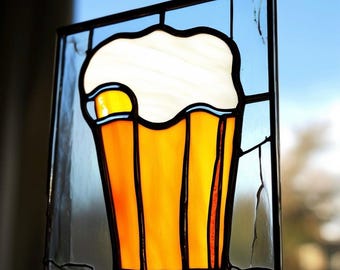 Handmade Stained Glass Beer Mug Suncatcher: Bar Decor Gift