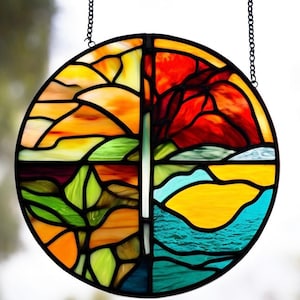 Handmade Stained Glass Four Seasons Panel Unique Round Art Nature-Inspired Seasonal Decor Vibrant Window Ornament Colorful Year-Round Home