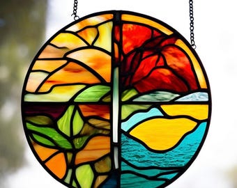 Handmade Stained Glass Four Seasons Window Panel: Nature-Inspired Art