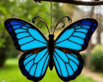 Stained Glass blue Butterfly Suncatcher – Delicate Insect Window Hanging, Handmade Nature Inspired Decor