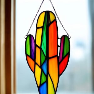 Handcrafted Stained Glass Cactus Suncatcher: Nature-Inspired Window Decor