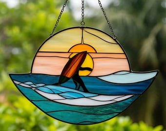 Stained Glass Surfboard Suncatcher, Coastal Beach Decor