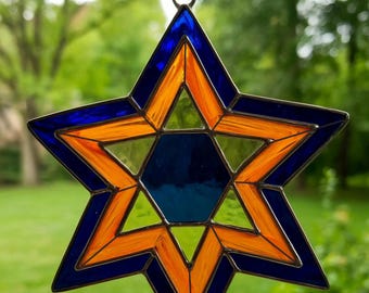 Acchiappasole in vetro colorato con Stella di David - Ornamento per finestra fatto a mano con motivi ebraici