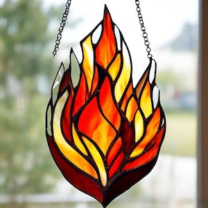 Handmade Stained Glass Fire Flame Suncatcher Passionate Red Orange Yellow Glass Art Romantic Anniversary Gift Fiery Love Flame Window Decor