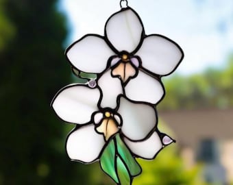 Handmade Stained Glass White Orchid Suncatcher: Floral Window Hanging