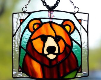 Vitral de oso grizzly para colgar en la ventana: decoración rústica hecha a mano