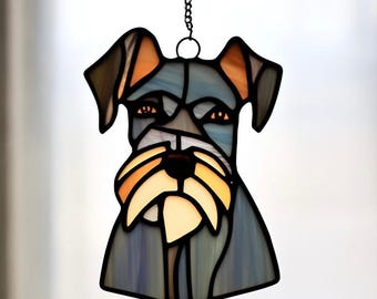 Stained Glass Schnauzer Suncatcher: Handmade Dog Portrait, Home Decor