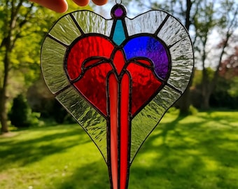 Stained Glass Sword Heart Suncatcher – Handmade Gothic Decor