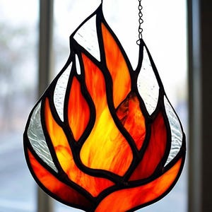 Handmade Stained Glass Fire Colorful Flame Suncatcher Vibrant Home Decor Unique Window Hanging, Modern Glass Art Perfect Gift for Fire lover